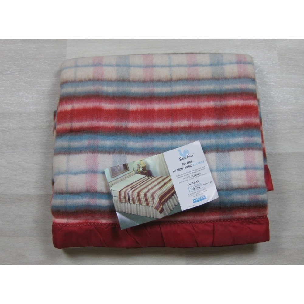 Vintage Golden Dawn JC Penney Dunbar Blanket (72x90) Plaid Stripe Satin Binding